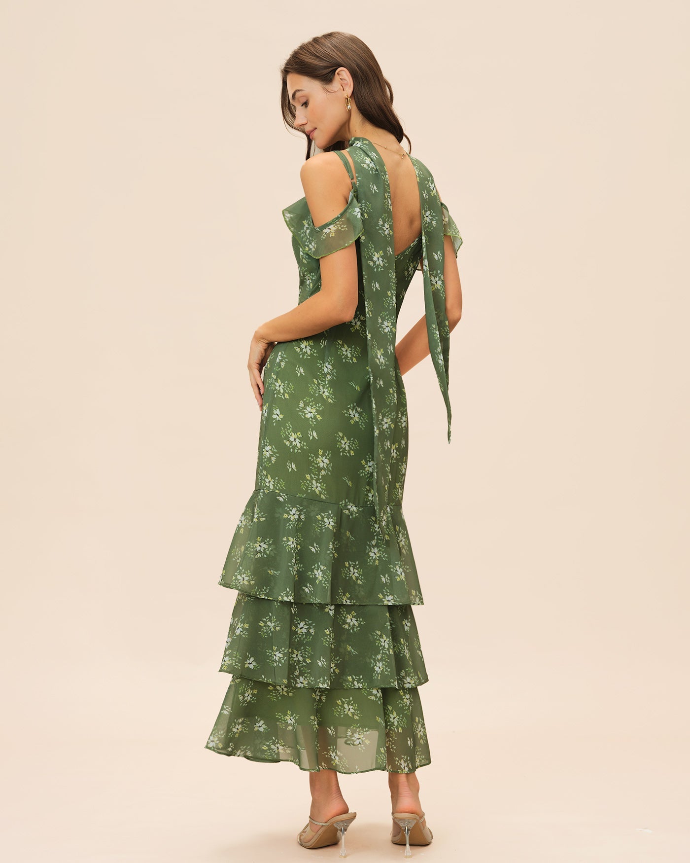 Grünes V-Ausschnitt Maxikleid mit Rüschen und Blumenmuster