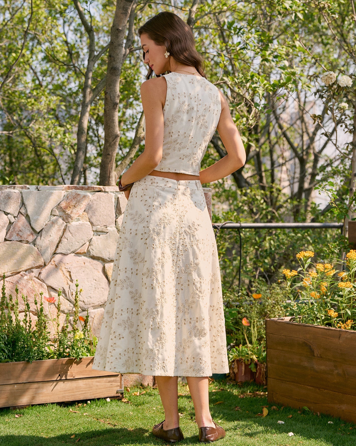 Beige V-Neck Embroidered Tank Top