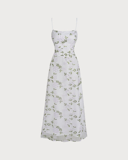 Weißes Slip-Maxikleid mit Blumenmuster