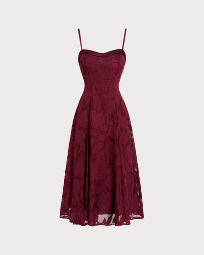 Weinrotes Jacquard-Midikleid mit Herzausschnitt zum Überziehen