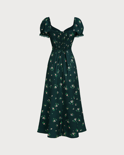 Green Puffed Sleeve Floral Midi Dress