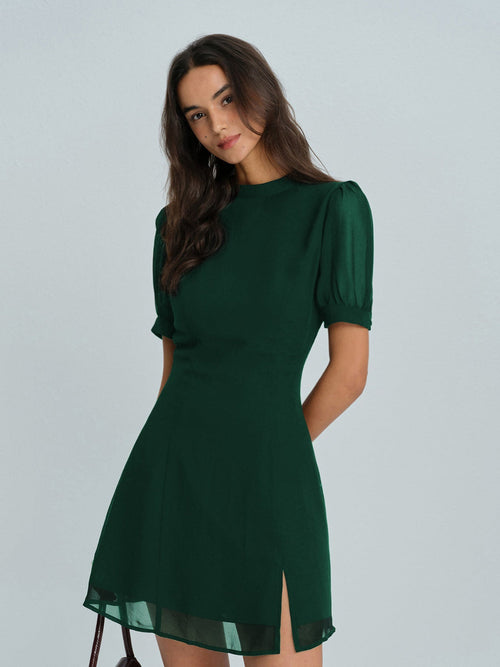 Grünes Chiffon-Minikleid mit Stehkragen