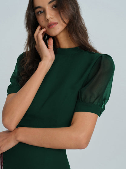 Grünes Chiffon-Minikleid mit Stehkragen
