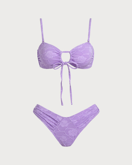 Purple Floral Textured Bandeau Bikini Set