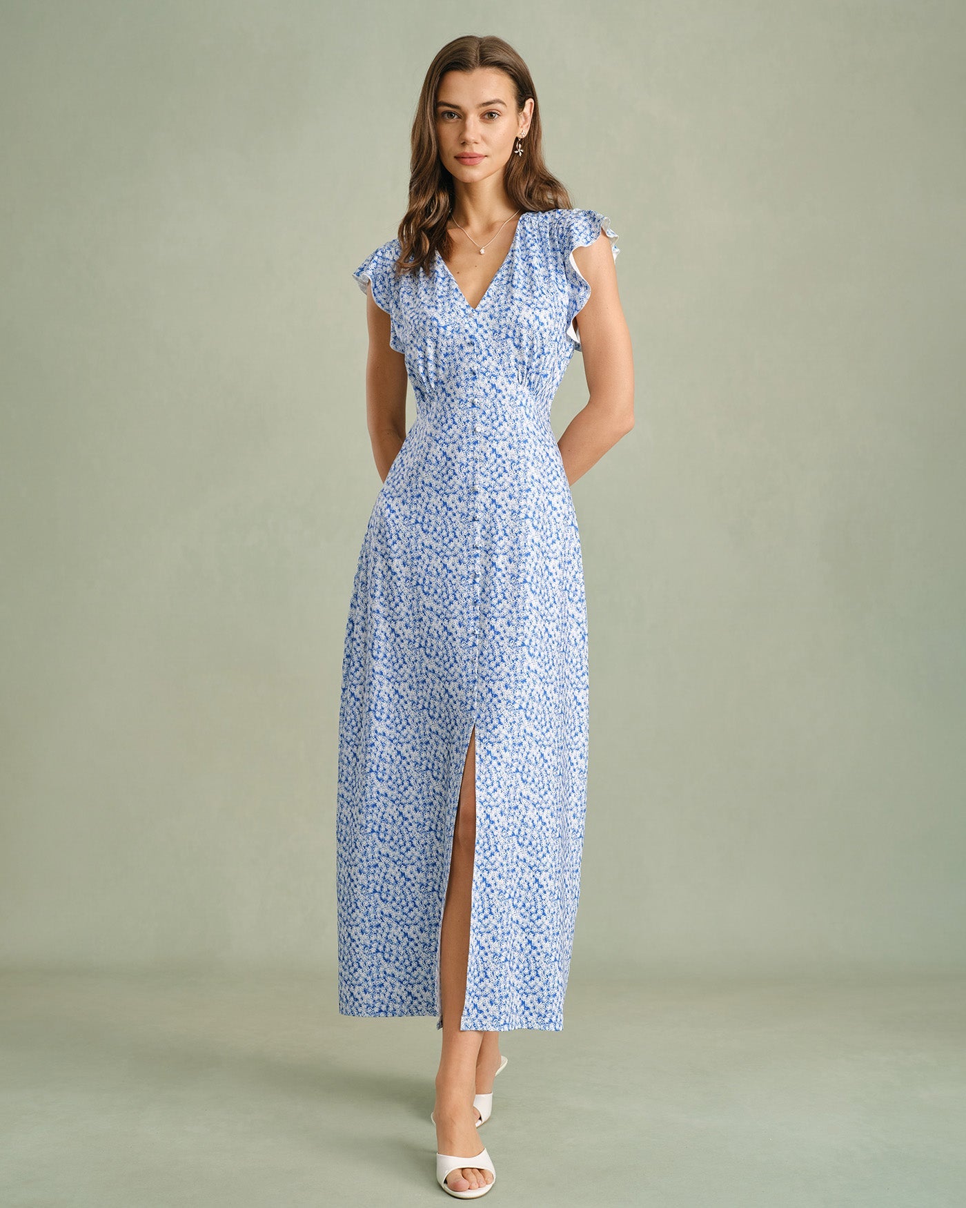 Blaues Maxikleid mit V-Ausschnitt und Blumenmuster zum Binden