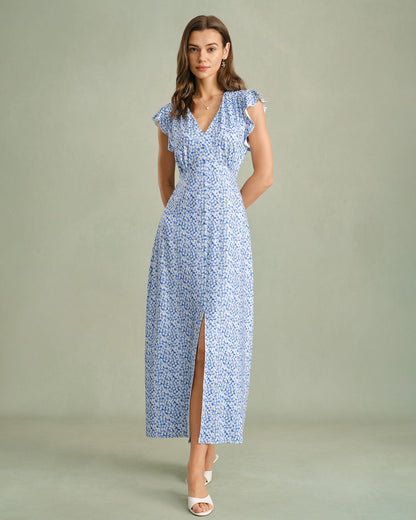 Blaues Maxikleid mit V-Ausschnitt und Blumenmuster zum Binden
