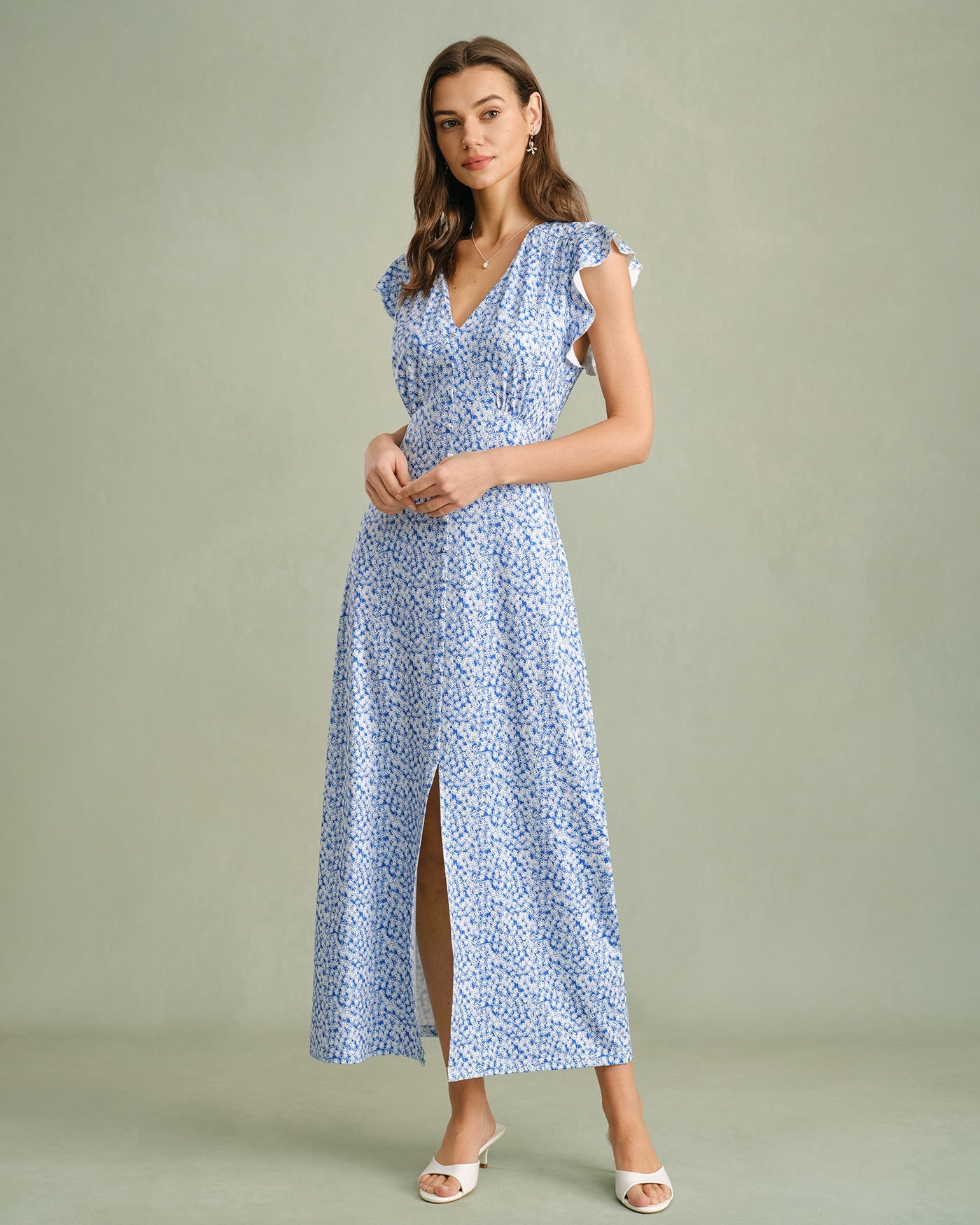 Blaues Maxikleid mit V-Ausschnitt und Blumenmuster zum Binden