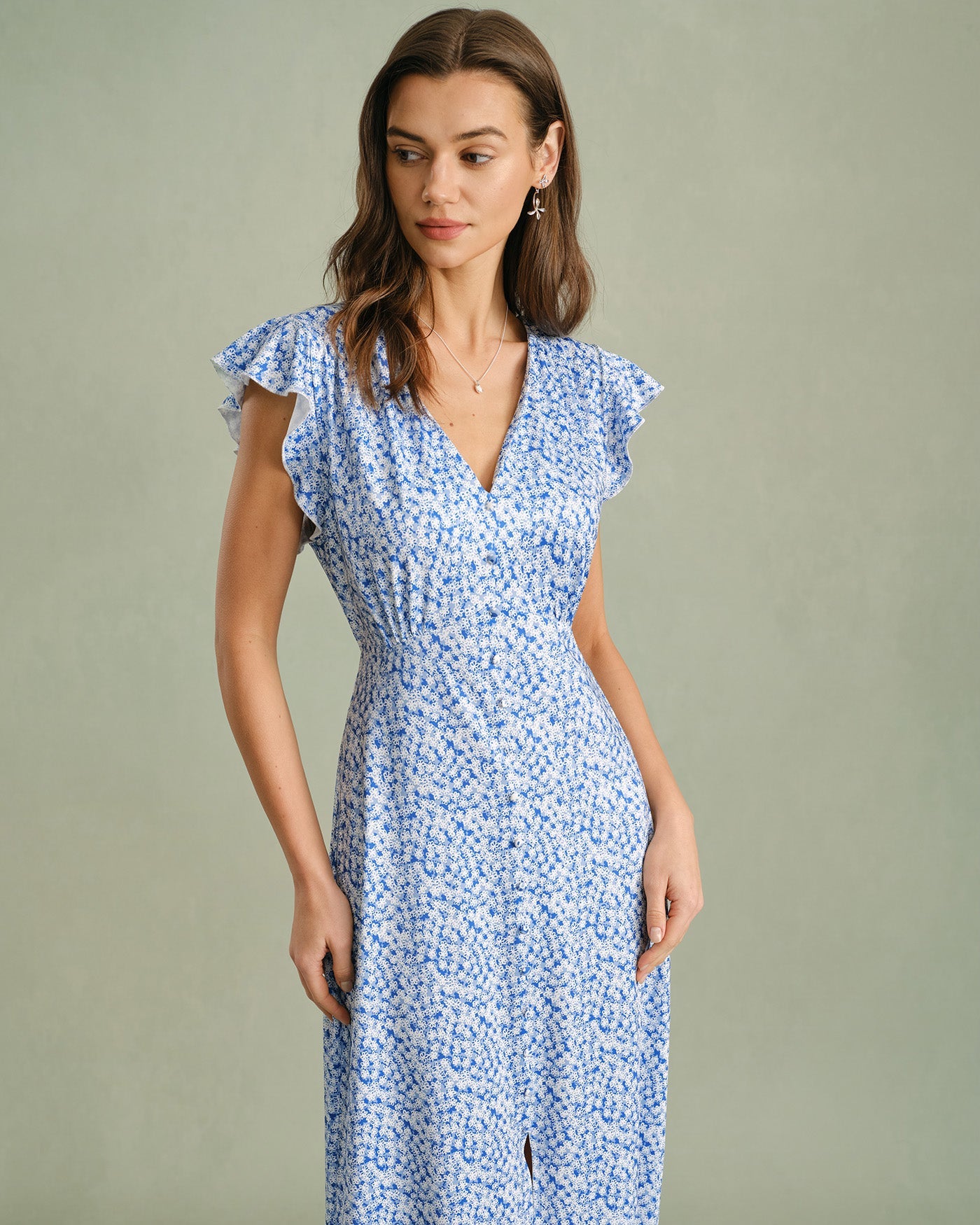 Blaues Maxikleid mit V-Ausschnitt und Blumenmuster zum Binden