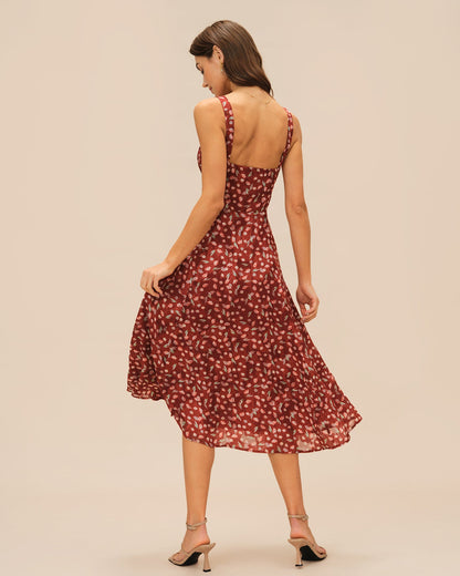 Weinrotes geblümtes Slip-Midikleid