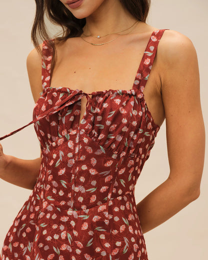 Weinrotes geblümtes Slip-Midikleid