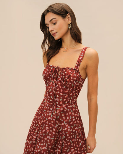 Weinrotes geblümtes Slip-Midikleid