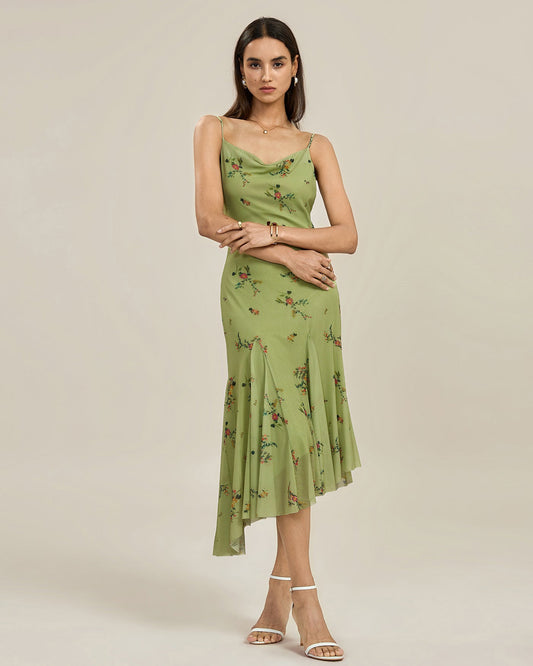 Grünes strukturiertes Blumen-Midi-Schlupfkleid
