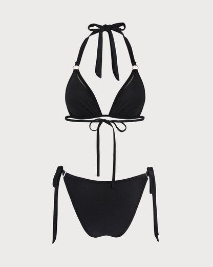 Schwarzes Neckholder-O-Ring-Triangel-Bikini-Set