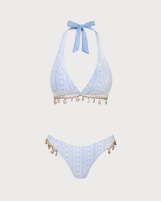 Blue Floral Halter Triangle Bikini Set
