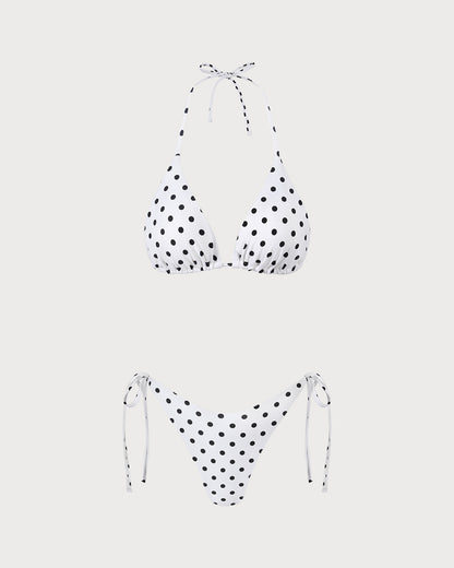 White Halter Polka Dot Triangle Bikini Set