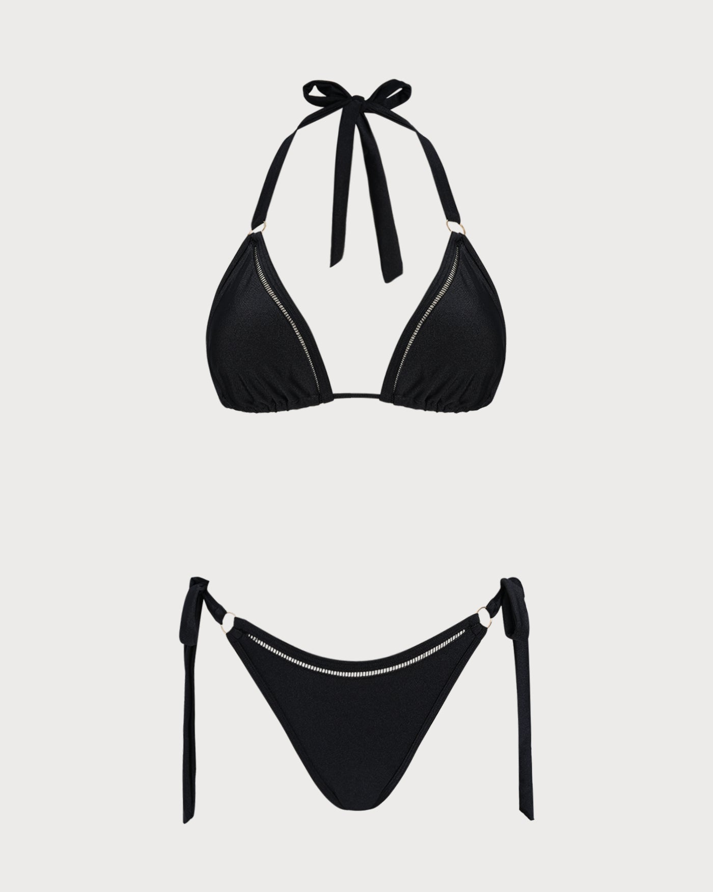 Schwarzes Neckholder-O-Ring-Triangel-Bikini-Set