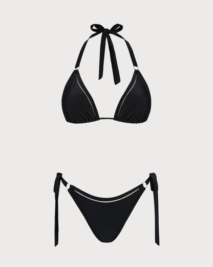 Schwarzes Neckholder-O-Ring-Triangel-Bikini-Set