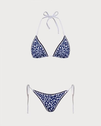 Blue Halter Floral Triangle Bikini Set
