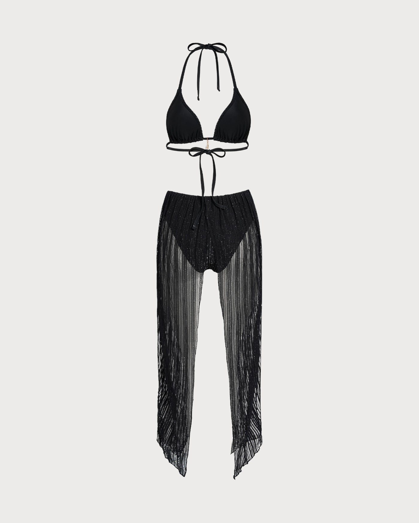 Schwarzes Neckholder-Triangel-Bikini-Set mit Tunnelzug