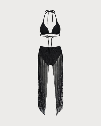 Schwarzes Neckholder-Triangel-Bikini-Set mit Tunnelzug