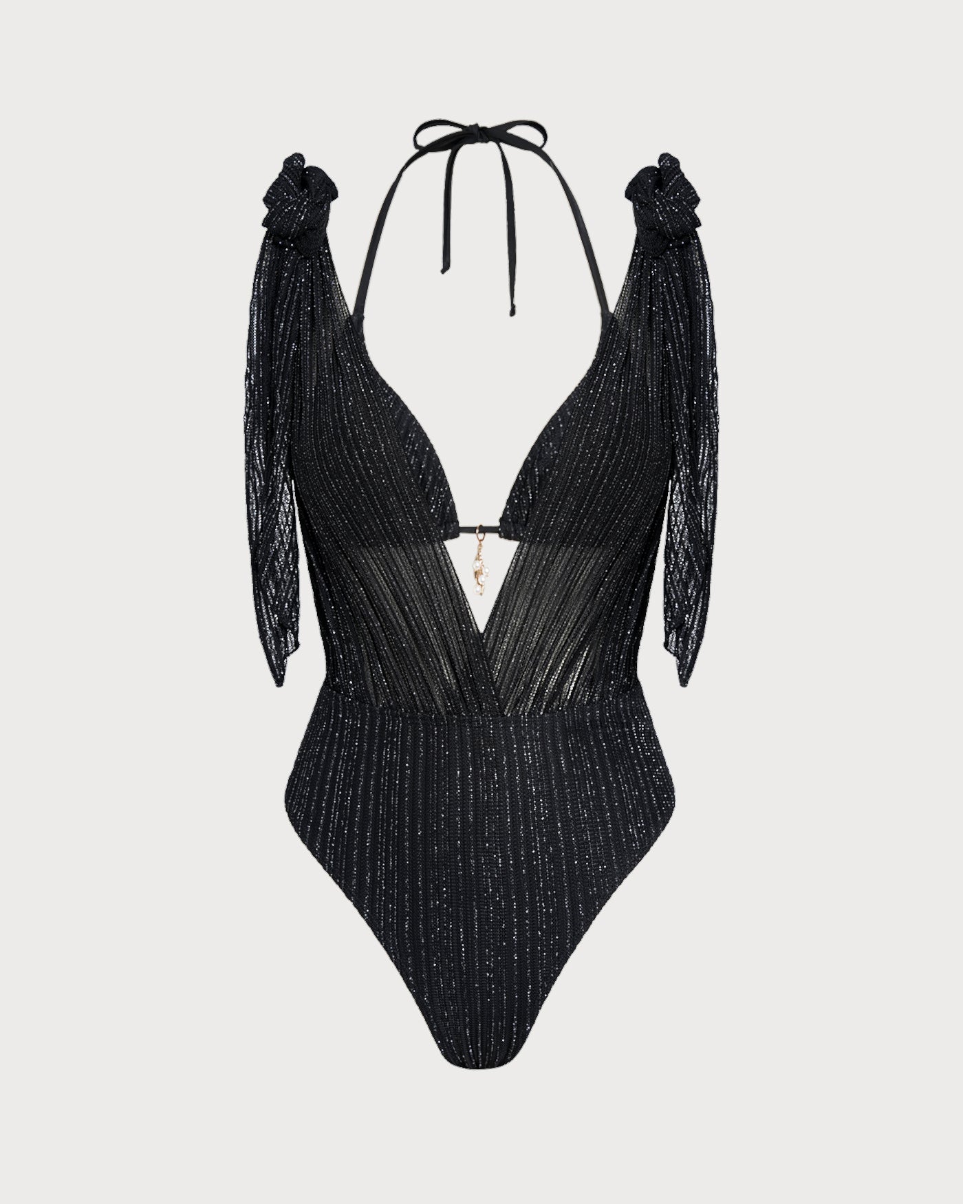 Schwarzes Neckholder-Triangel-Bikini-Set mit Tunnelzug