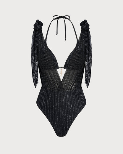 Schwarzes Neckholder-Triangel-Bikini-Set mit Tunnelzug