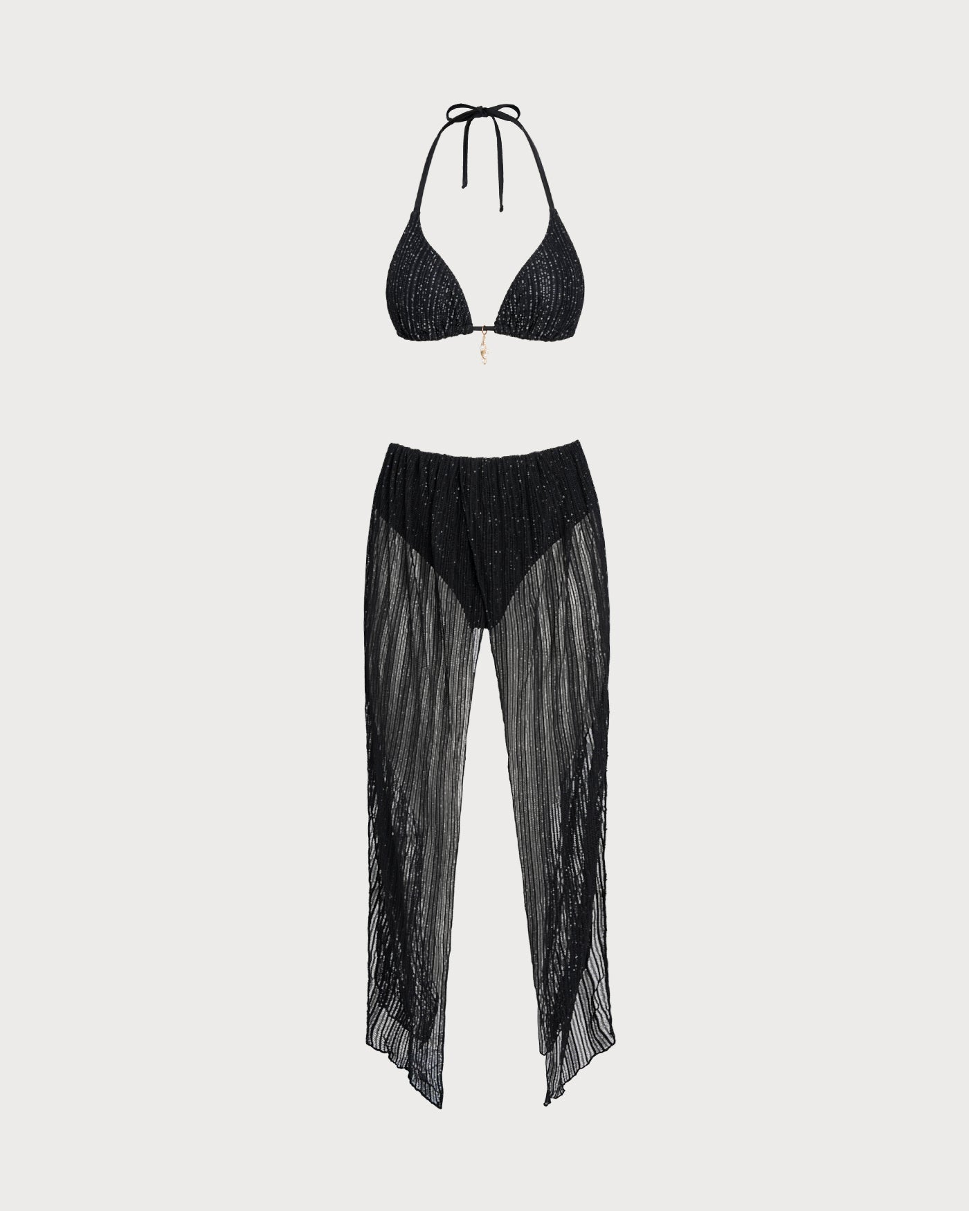 Schwarzes Neckholder-Triangel-Bikini-Set mit Tunnelzug