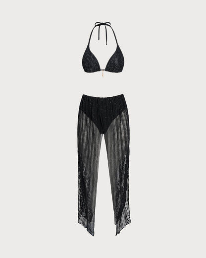 Schwarzes Neckholder-Triangel-Bikini-Set mit Tunnelzug