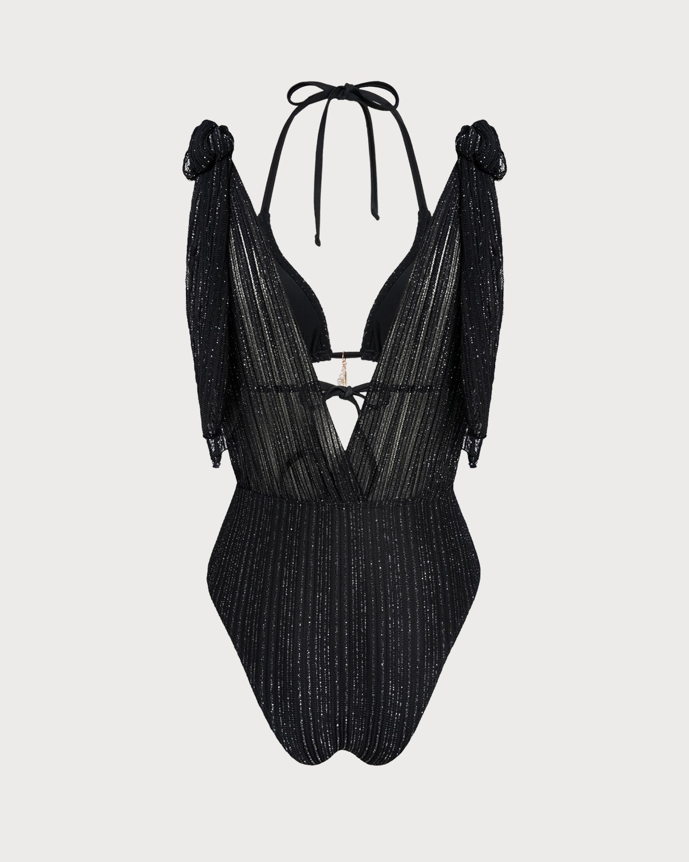 Schwarzes Neckholder-Triangel-Bikini-Set mit Tunnelzug