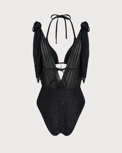 Schwarzes Neckholder-Triangel-Bikini-Set mit Tunnelzug