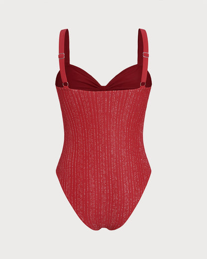 Roter V-Ausschnitt Bralette Einteiler Badeanzug