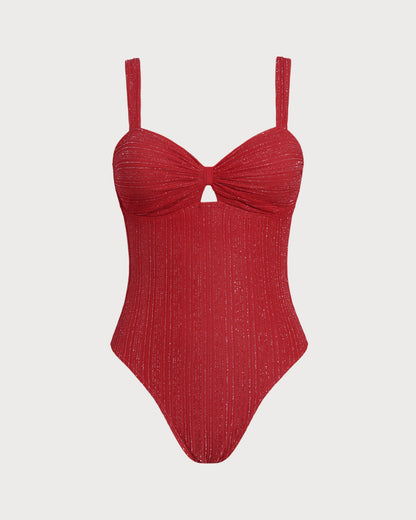 Roter V-Ausschnitt Bralette Einteiler Badeanzug