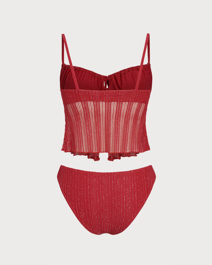 Rotes Neckholder-Pailletten-Tankini-Set