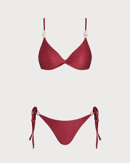 Red V Neck Triangle Drawstring Bikini Set