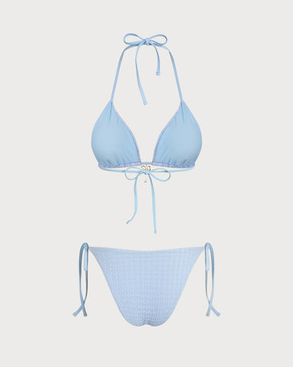 Blaues Triangel-Bikini-Set mit Neckholder und Kordelzug