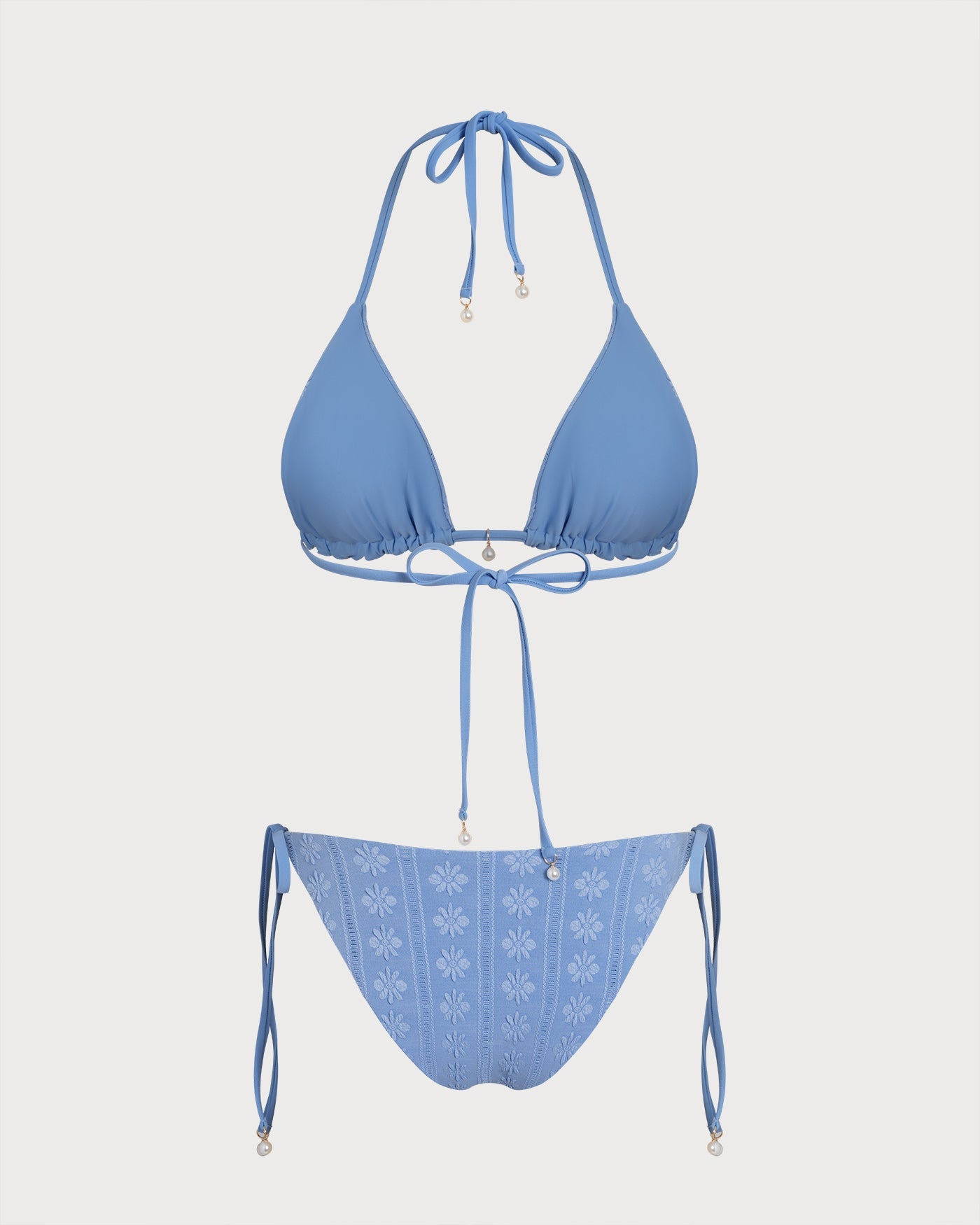 Blaues Halterneck Triangel-Bikini-Set, wendbar