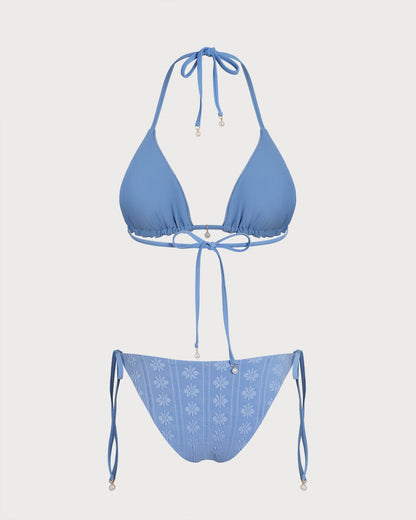 Blaues Halterneck Triangel-Bikini-Set, wendbar
