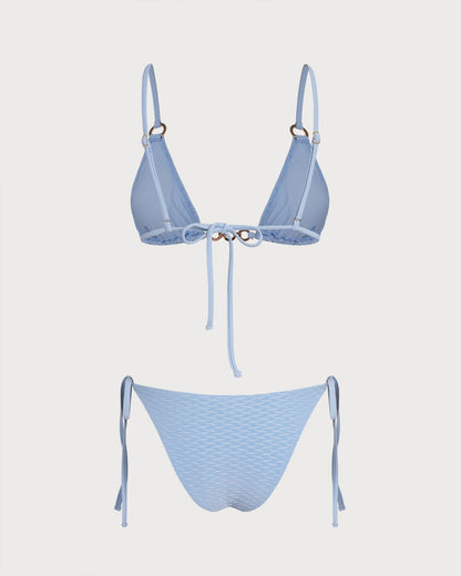 Blauer V-Ausschnitt O-Ring Triangel-Bikini-Set