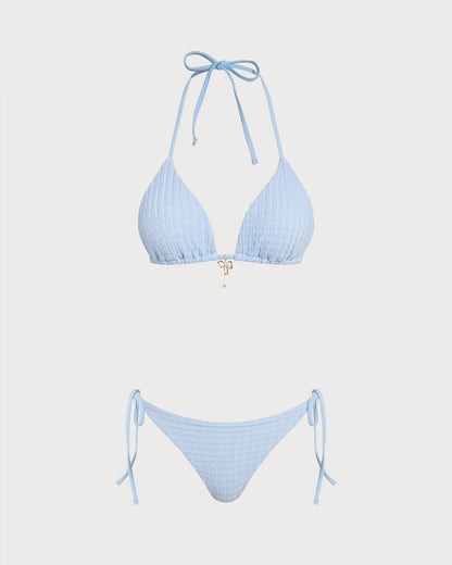 Blaues Triangel-Bikini-Set mit Neckholder und Kordelzug