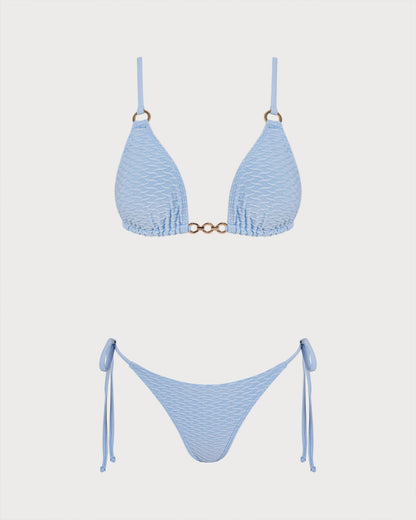 Blauer V-Ausschnitt O-Ring Triangel-Bikini-Set