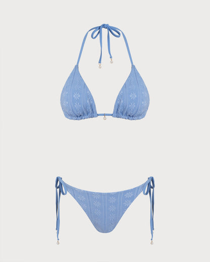 Blaues Halterneck Triangel-Bikini-Set, wendbar