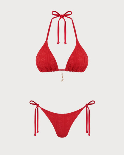 Rot Jacquard Neckholder Bikini Set mit Kordelzug