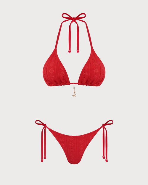Rot Jacquard Neckholder Bikini Set mit Kordelzug