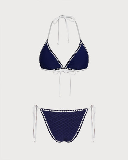 Blauer Triangel-Bikini mit Kordelzug