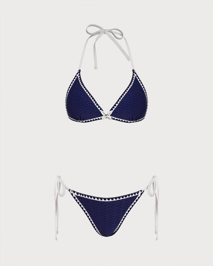 Blauer Triangel-Bikini mit Kordelzug