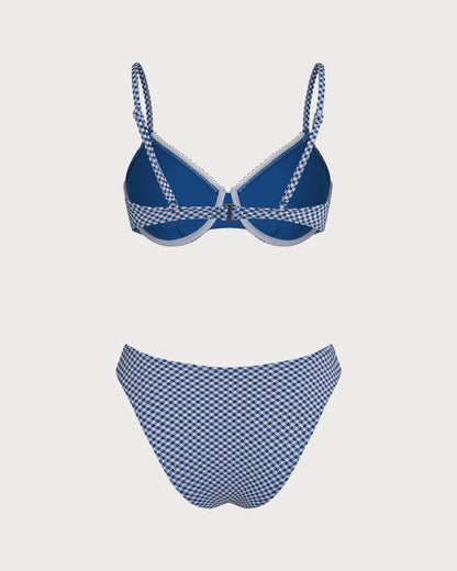 Blau kariertes Bügel-Bikini-Set