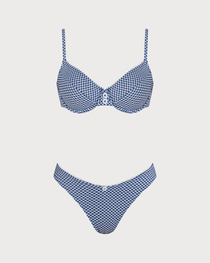 Blau kariertes Bügel-Bikini-Set