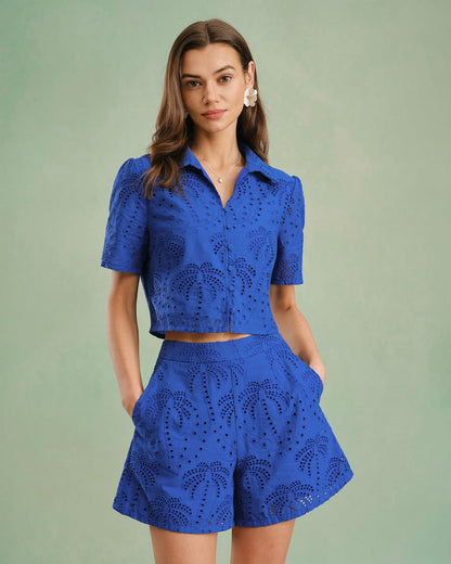 Blaue strukturierte Bluse mit Knopfkragen