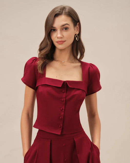 Rote quadratische Neckholder-Bluse mit Kreuzbindung