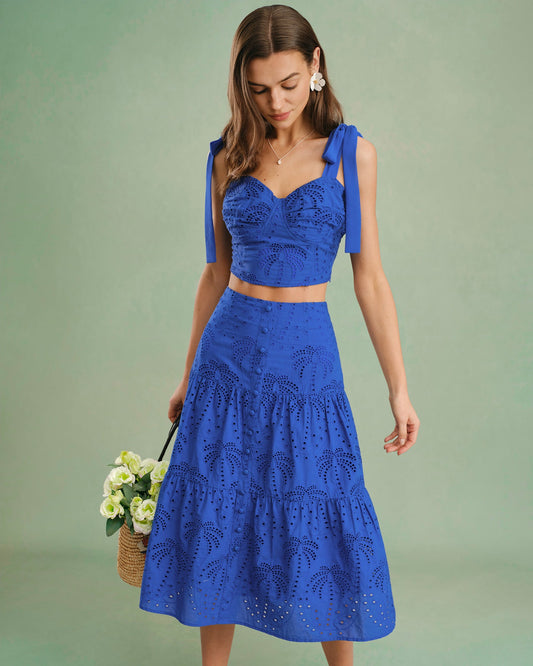Blue Sweetheart Neck Embroidery Cami Top